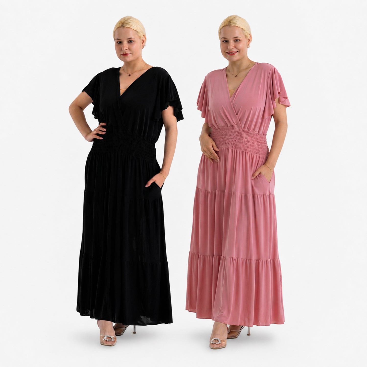 Set of 2 - & Maisi Smocked-Waist Flutter Sleeve Maxi Dress with Pockets (One Size) - Peachy Pink and Black_440001538