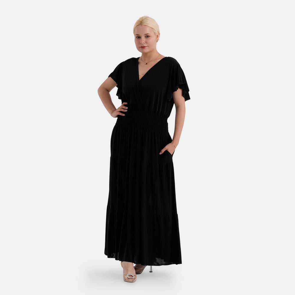 Set of 2 - & Maisi Smocked-Waist Flutter Sleeve Maxi Dress with Pockets (One Size) - Peachy Pink and Black_440001538