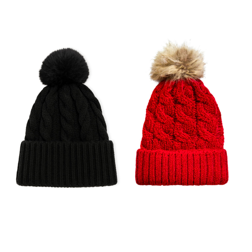 Set of 2 -Cozy Pom Pom Beanie Hat with Tan Fur - Red & Black_440001551