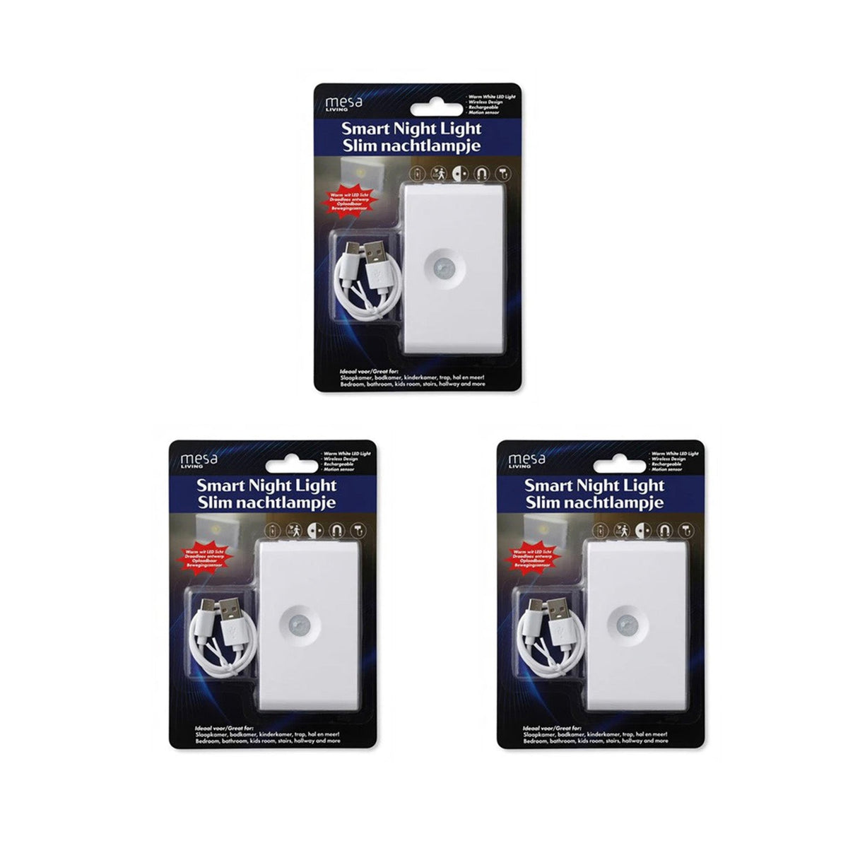 Pack of 3- Mesa Living Smart Slim Rechargeable LED Motion Sensor Night Light - White
