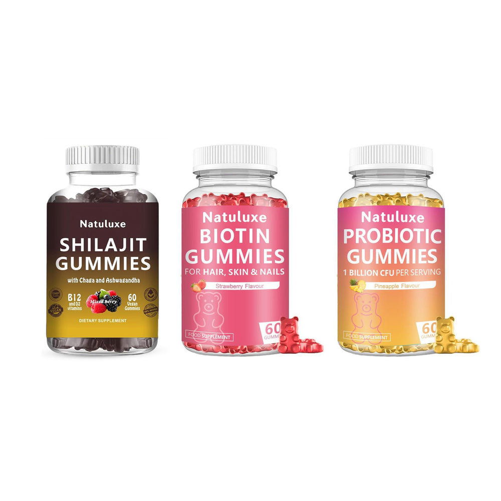 Wellness Essentials with Natuluxe- 3 Pack Gummies Bundle - Shilajit Biotin Collagen and Probiotics_440001556