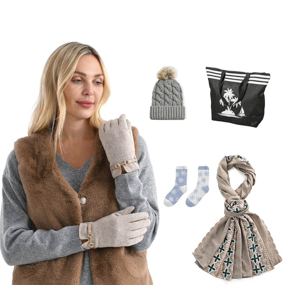 Womens Winter Accessories Bundle - Cashmere Wool Gloves, Pom Pom Beanie, Scarf & Pack of 2 Cosy Socks with Palm Tree Shopper Bag_440001561