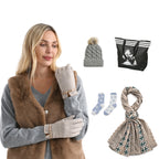 Womens Winter Accessories Bundle - Cashmere Wool Gloves, Pom Pom Beanie, Scarf & Pack of 2 Cosy Socks with Palm Tree Shopper Bag_440001561