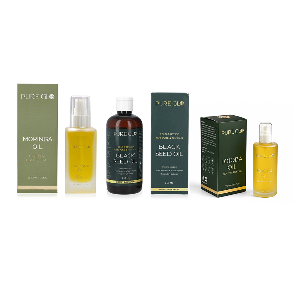 Natures Trio for Hair, Skin & Body:Pure Glo Moringa Oil - 100ml,Pure Glo Black Seed Oil - 250 ml,Pure Glo Cold Pressed Natural Jojoba Oil Volume - 200 ml_440001564