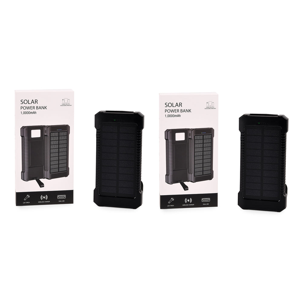 Pack of 2 - 3 in 1 - 10000mAh Solar Power Bank with 5W Wireless Charging and LED Light - Black_440001577