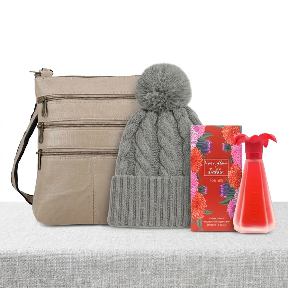 Trio Saver Deal - Valissiere Leather Crossbody Bag, Beanie Hat & VeraFleur Dahlia Perfume Bundle_440001599
