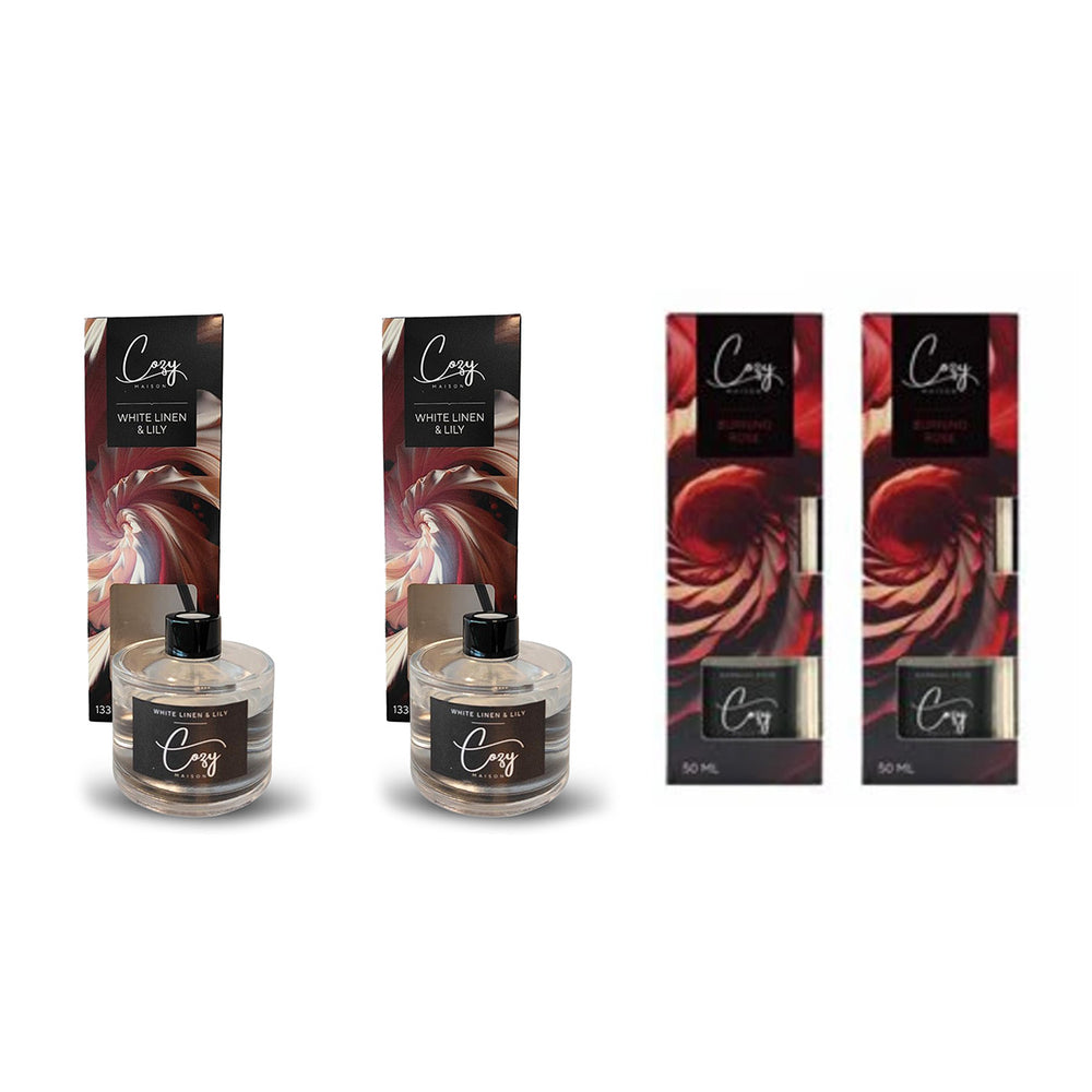 4 Pack Mega Winter Gifting Deal - Cozy Maison Diffuser (50ml) Each  2x White Linen & Lily and 2x Burning Rose_440001607
