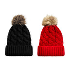 Set of 2 - Cozy Pom Pom Beanie Hat with Tan Fur - Red and Black_440001650