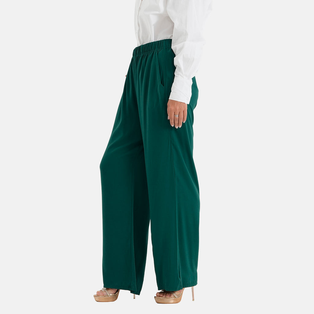 & Maisi Set of 2 - Womens Multicolour Printed & Solid  Wide Leg Trousers (Size M, 12-14) - Green_4488554_4