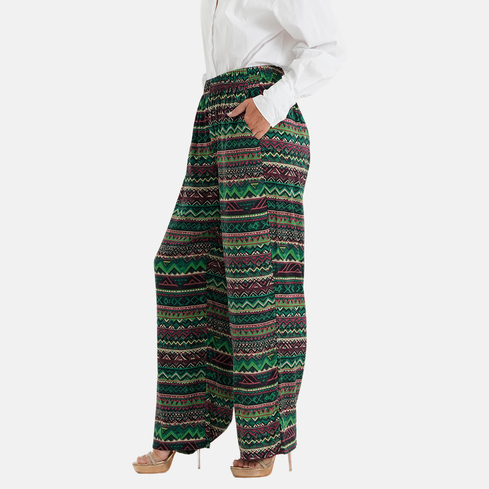 & Maisi Set of 2 - Womens Multicolour Printed & Solid  Wide Leg Trousers (Size XL, 20-22) - Green_4488569_1