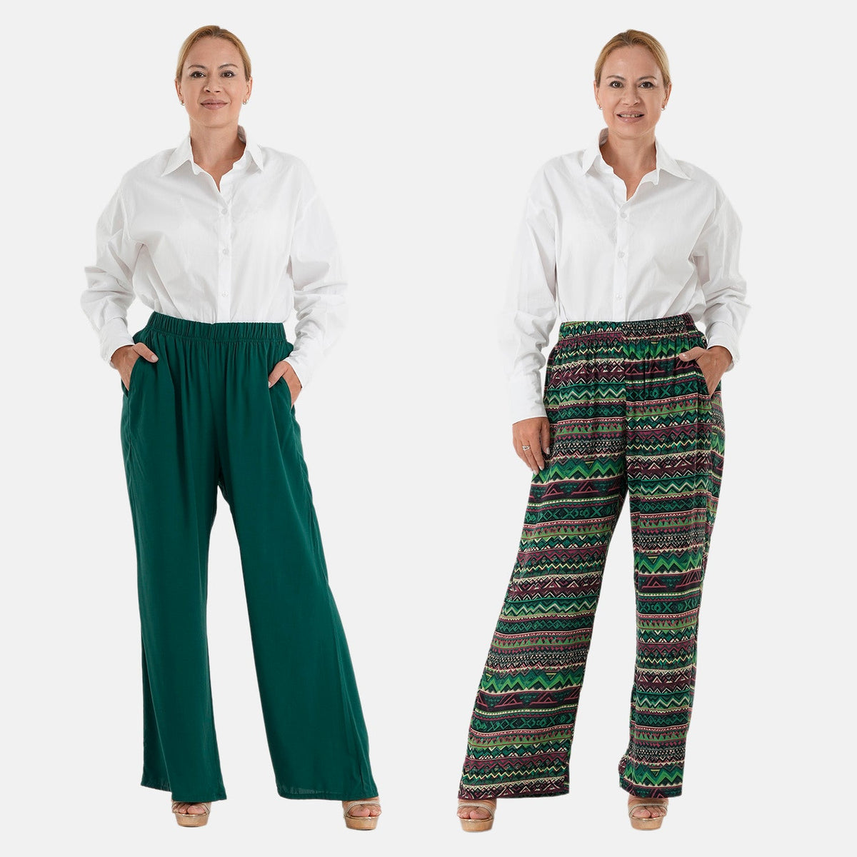 - Maisi Set of 2 - Womens Multicolour Printed - Solid Wide Leg Trousers (Size XL, 20-22)