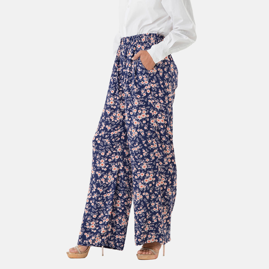 & Maisi Set of 2 - Womens Printed & Solid  Wide Leg Trousers (Size M, 12-14) - Maroon & Navy, Cream with Pink_4488585_1