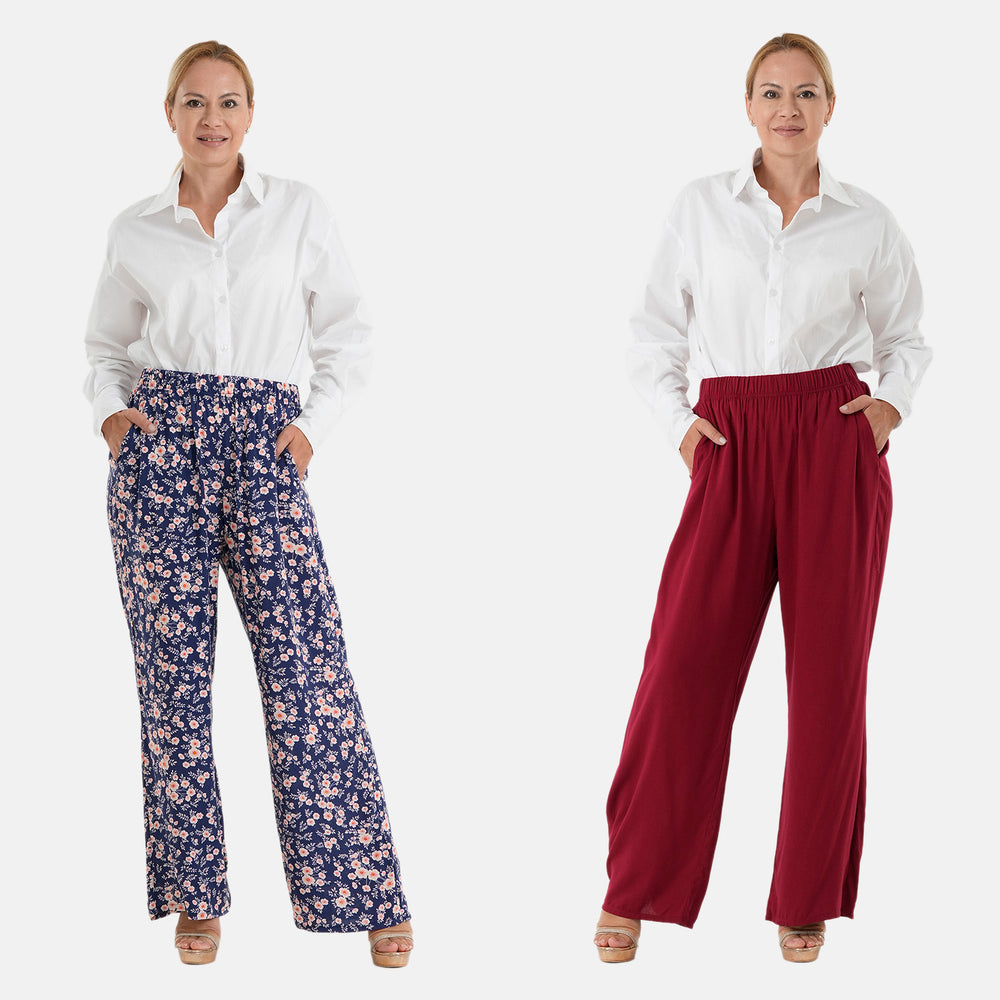 & Maisi Set of 2 - Womens Printed & Solid  Wide Leg Trousers (Size L, 16-18) - Maroon & Navy, Cream with Pink_4488587