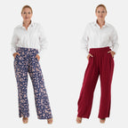 & Maisi Set of 2 - Womens Printed & Solid  Wide Leg Trousers (Size XL, 20-22) - Maroon & Navy, Cream with Pink_4488589