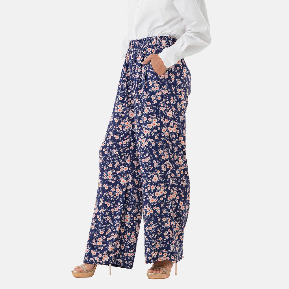 & Maisi Set of 2 - Womens Printed & Solid  Wide Leg Trousers (Size XL, 20-22) - Maroon & Navy, Cream with Pink_4488589_1