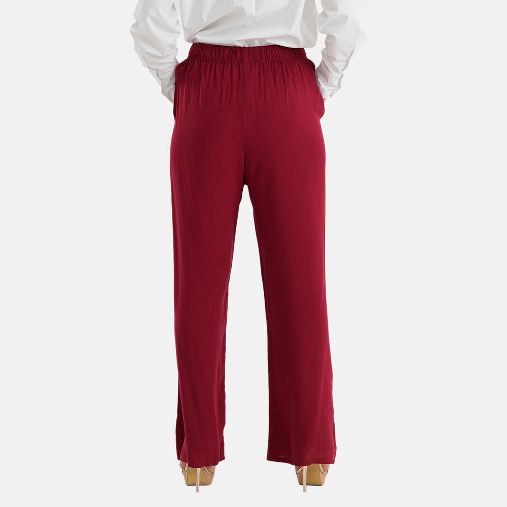 & Maisi Set of 2 - Womens Printed & Solid  Wide Leg Trousers (Size XL, 20-22) - Maroon & Navy, Cream with Pink_4488589_5