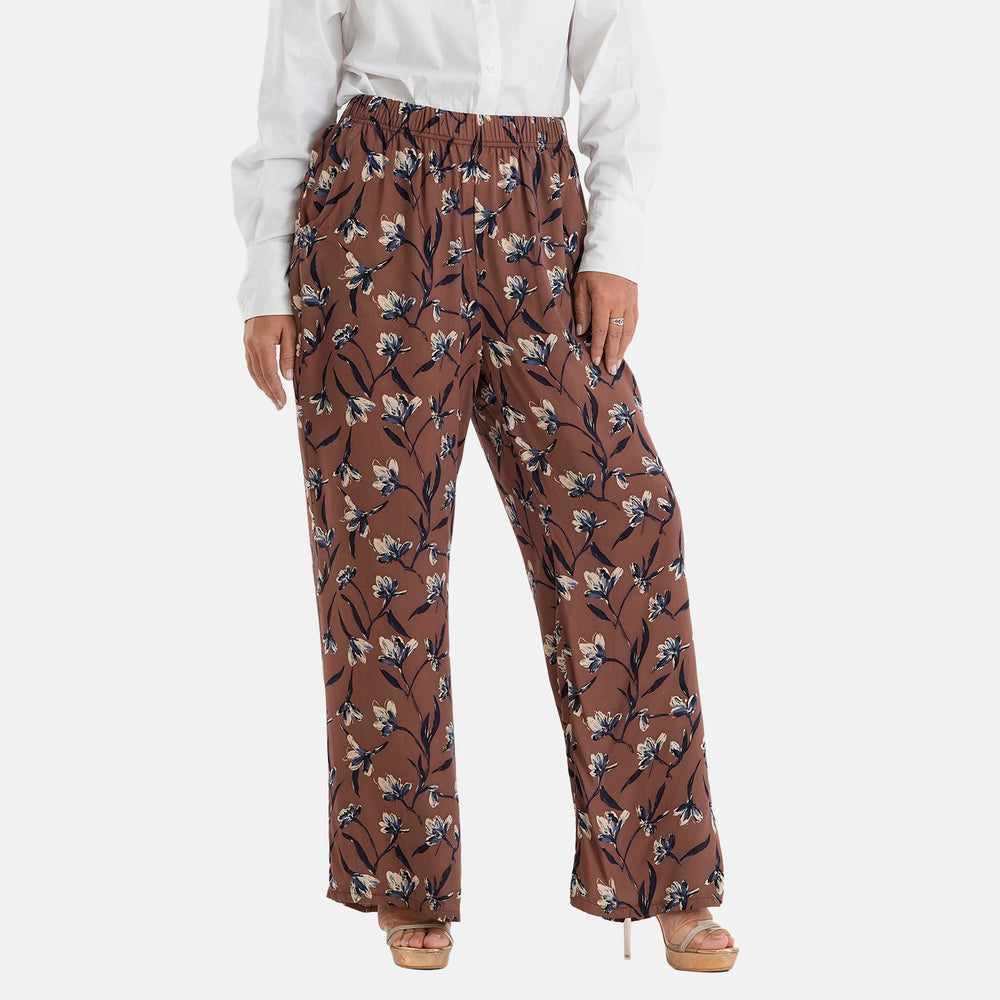 & Maisi Set of 2 - Womens Printed & Solid  Wide Leg Trousers (Size XL, 20-22) - Brown with Blue & Navy_4488598_1
