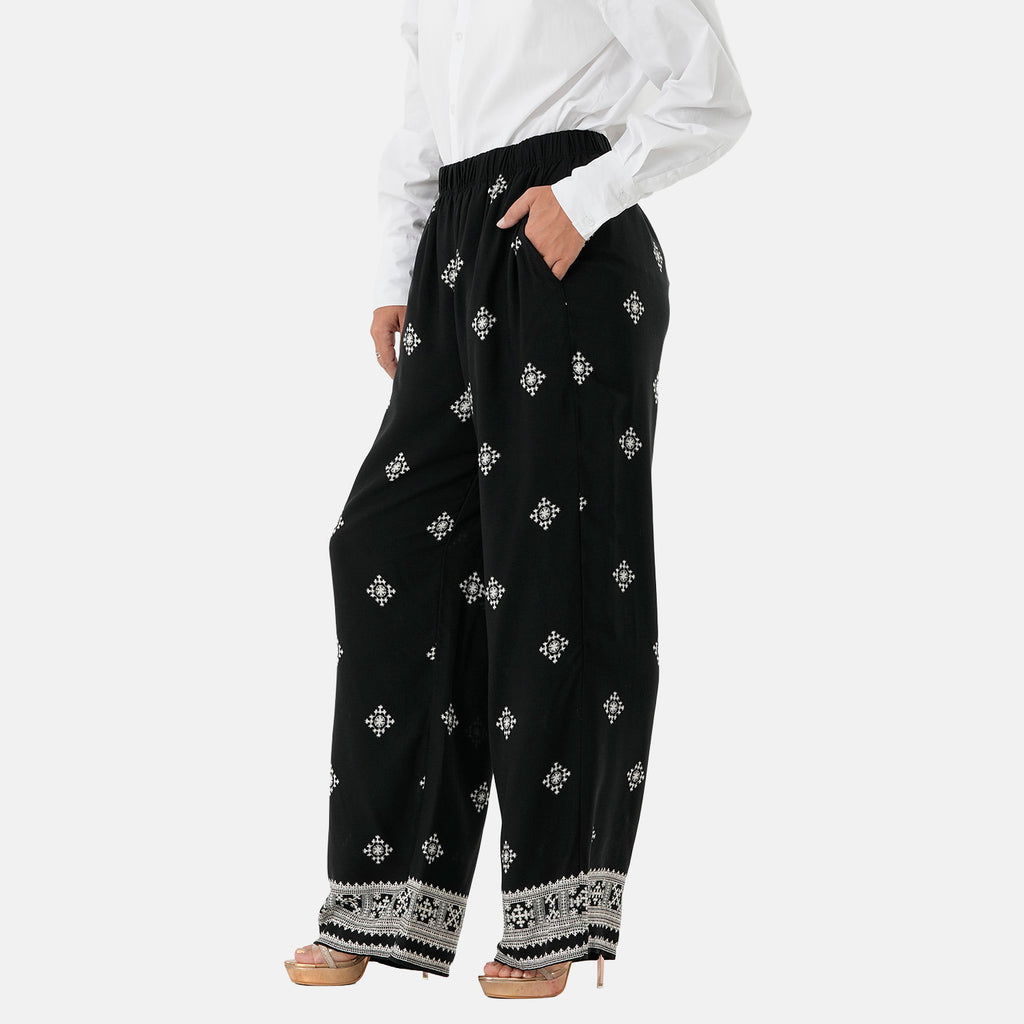 & Maisi Set of 2 - Womens Printed & Solid  Wide Leg Trousers (Size M, 12-14) - Black & White_4488606_4