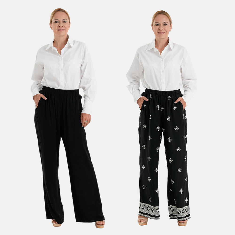 & Maisi Set of 2 - Womens Printed & Solid  Wide Leg Trousers (Size L, 16-18) - Black & White_4488608