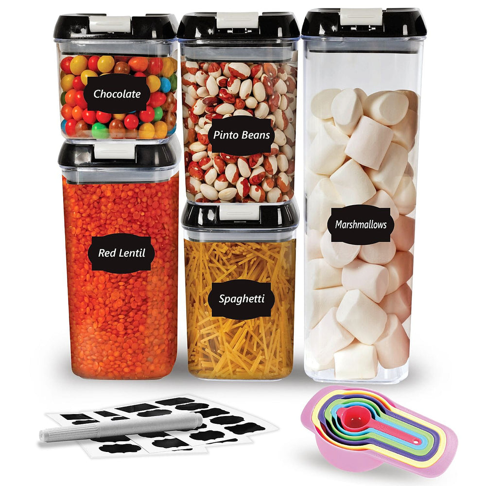 5 Piece Food Storage Plastic Container - Comes with 6 Measuring Spoons, 10 Labels and Marker