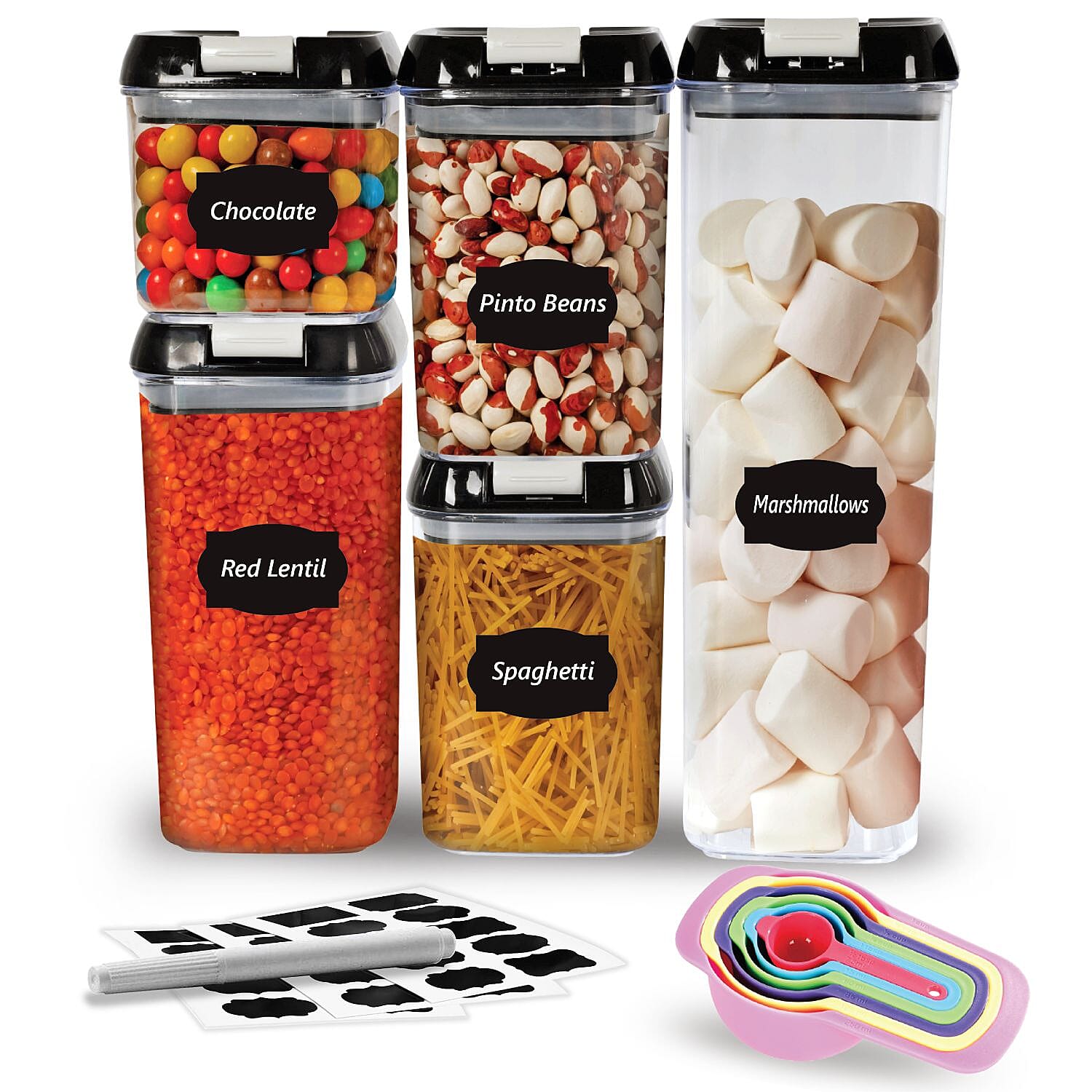 5 Piece Food Storage Plastic Container - Comes with 6 Measuring Spoons, 10 Labels and Marker