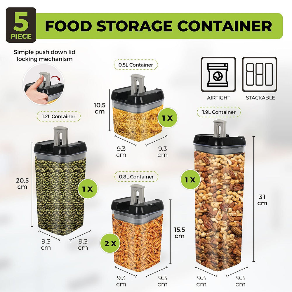 5 Piece Food Storage Plastic Container - Comes with 6 Measuring Spoons, 10 Labels and Marker