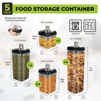 5 Piece Food Storage Plastic Container - Comes with 6 Measuring Spoons, 10 Labels and Marker