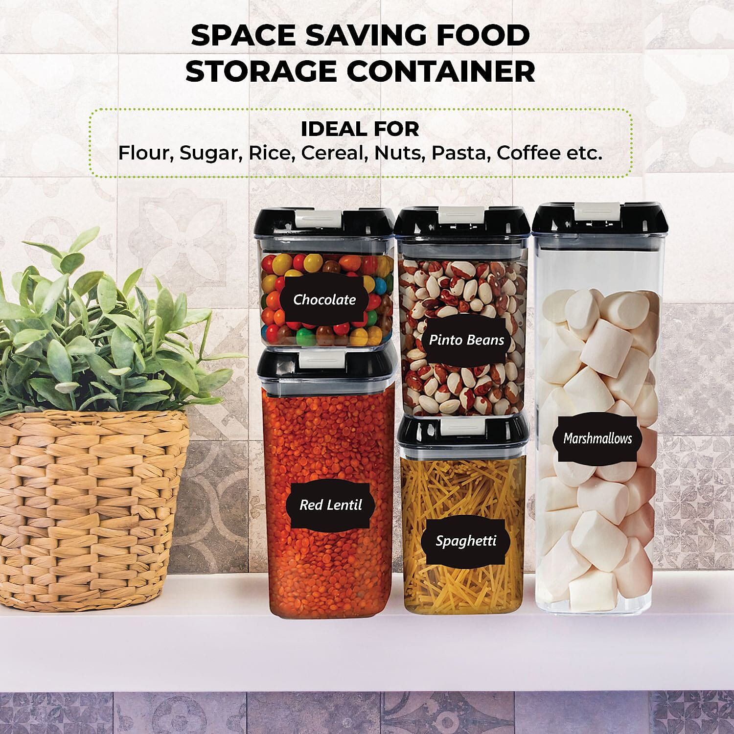 5 Piece Food Storage Plastic Container - Comes with 6 Measuring Spoons, 10 Labels and Marker