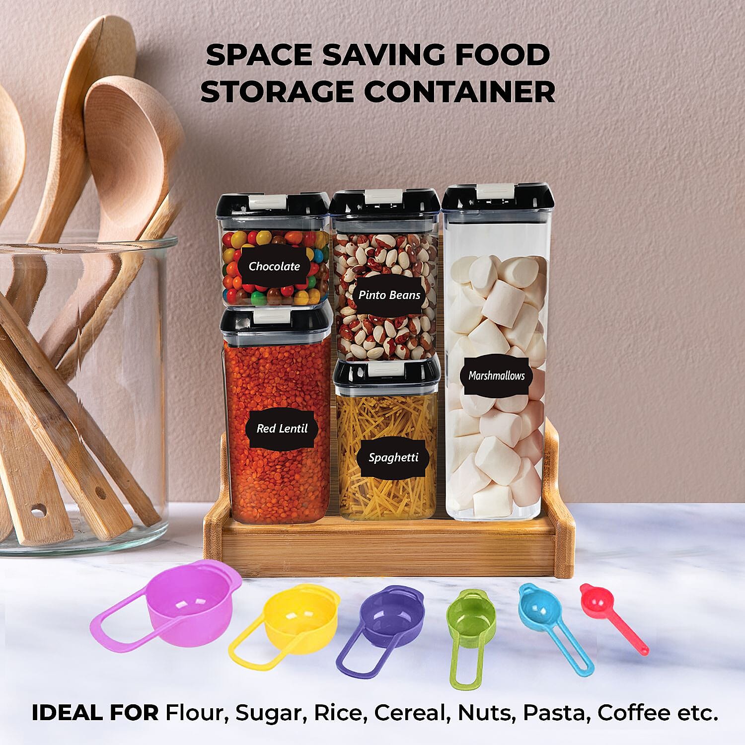 5 Piece Food Storage Plastic Container - Comes with 6 Measuring Spoons, 10 Labels and Marker