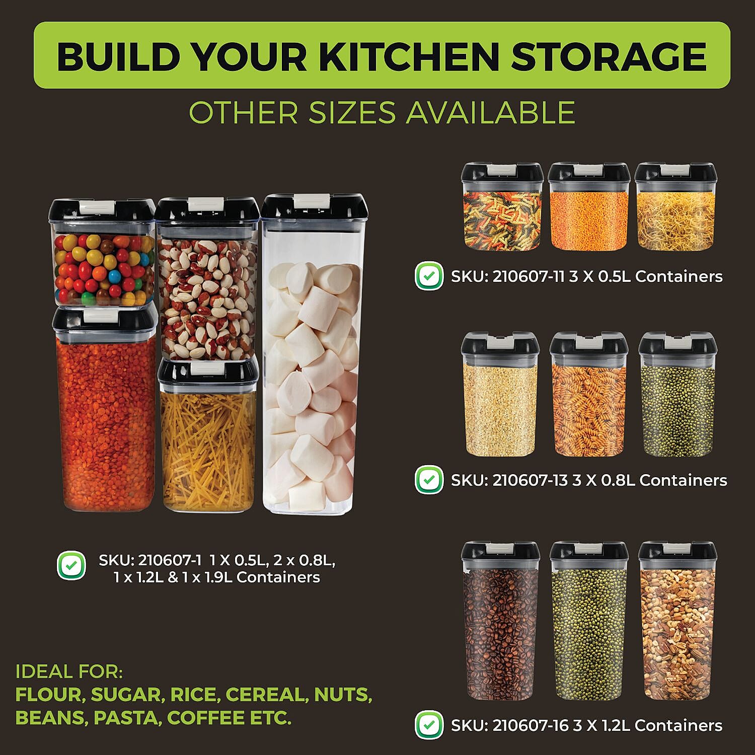 5 Piece Food Storage Plastic Container - Comes with 6 Measuring Spoons, 10 Labels and Marker