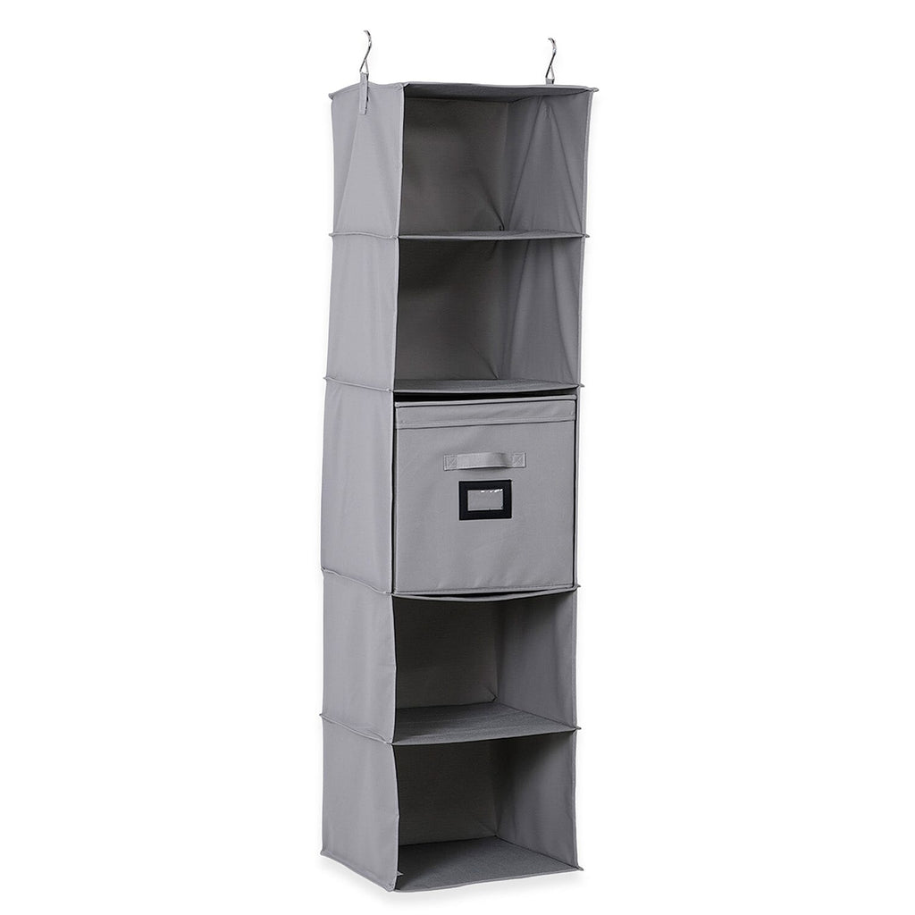 5-Shelf Hanging Shirt Rack with Storage Box - Grey