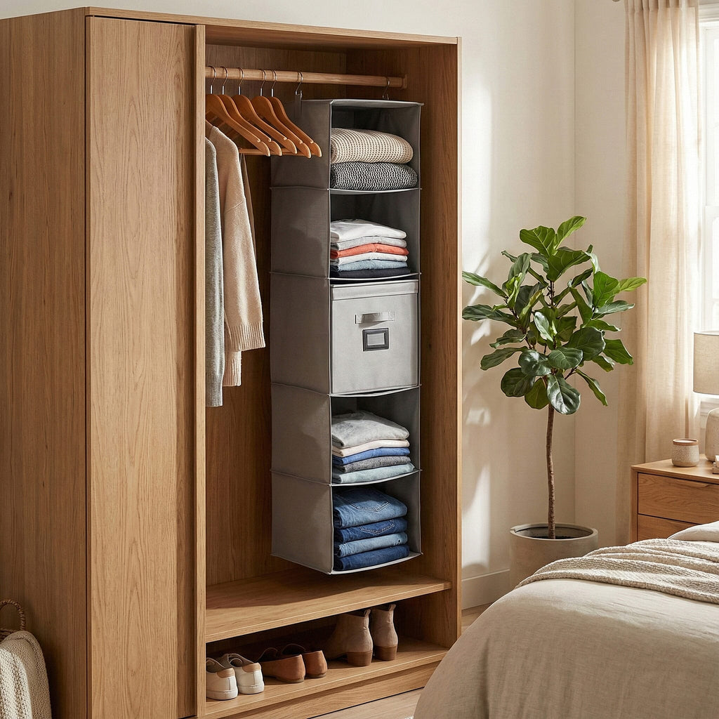 5-Shelf Hanging Shirt Rack with Storage Box - Grey