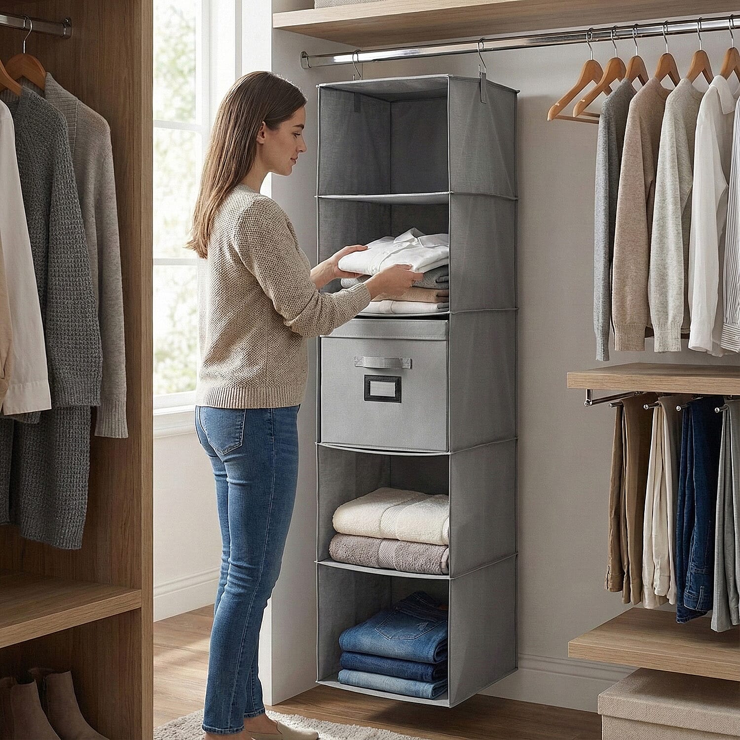 5-Shelf Hanging Shirt Rack with Storage Box - Grey