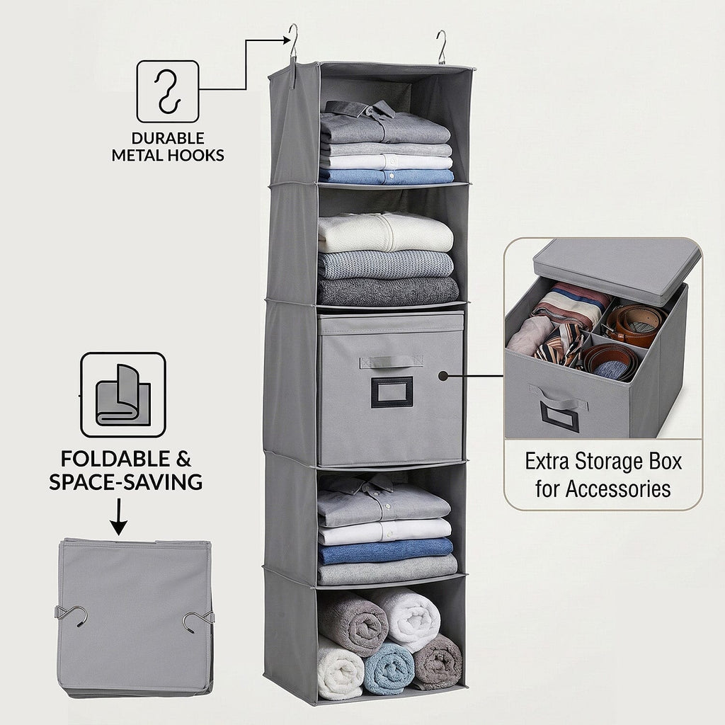 5-Shelf Hanging Shirt Rack with Storage Box - Grey