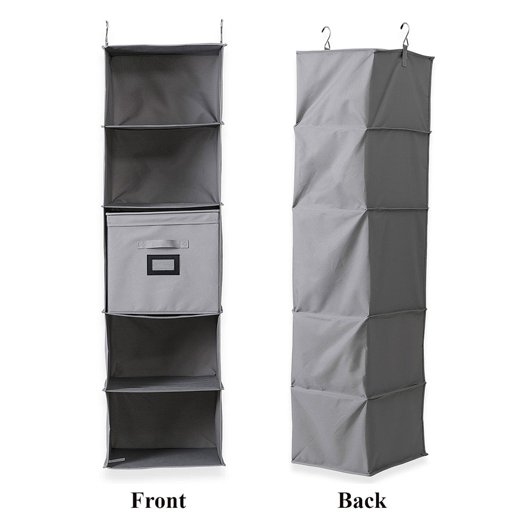 5-Shelf Hanging Shirt Rack with Storage Box - Grey