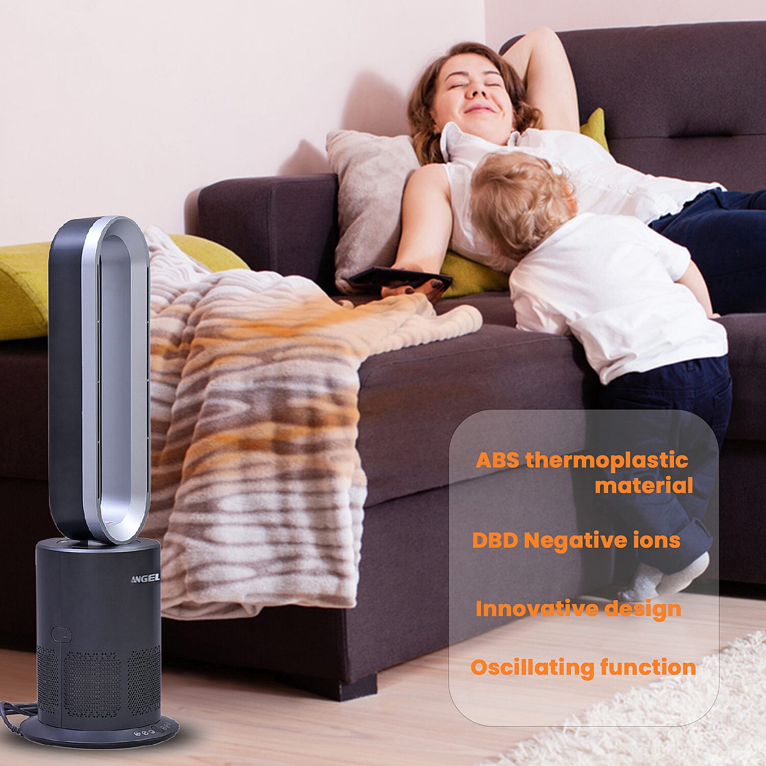 All Seasons 5 in 1 Electric Bladeless Fan-Heater with Remote Control, Air Purifier, Ionizer with HEPA Filter (86Cm) - Grey & Silver