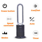 All Seasons 5 in 1 Electric Bladeless Fan-Heater with Remote Control, Air Purifier, Ionizer with HEPA Filter (86Cm) - Grey & Silver