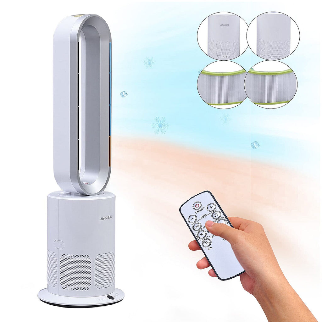 All Seasons 5 in 1 Electric Bladeless Heater-Fan with Remote Control, Air Purifier, Ionizer with HEPA Filter (86Cm) - White & Silver