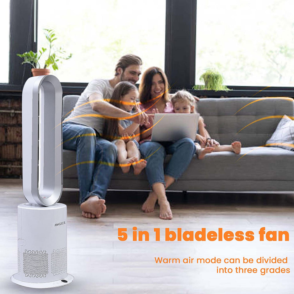 All Seasons 5 in 1 Electric Bladeless Heater-Fan with Remote Control, Air Purifier, Ionizer with HEPA Filter (86Cm) - White & Silver