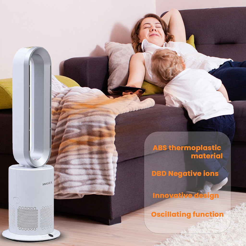 All Seasons 5 in 1 Electric Bladeless Heater-Fan with Remote Control, Air Purifier, Ionizer with HEPA Filter (86Cm) - White & Silver