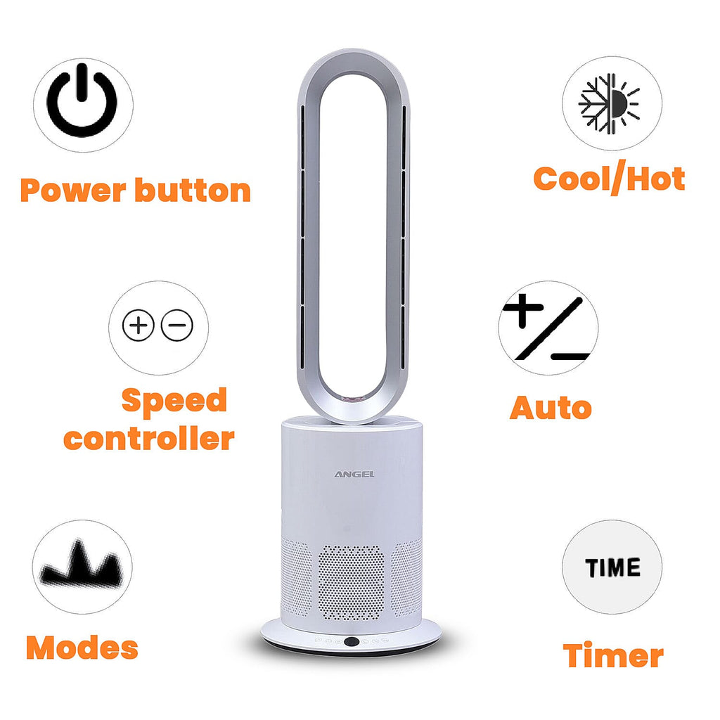 All Seasons 5 in 1 Electric Bladeless Heater-Fan with Remote Control, Air Purifier, Ionizer with HEPA Filter (86Cm) - White & Silver