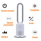 All Seasons 5 in 1 Electric Bladeless Heater-Fan with Remote Control, Air Purifier, Ionizer with HEPA Filter (86Cm) - White & Silver
