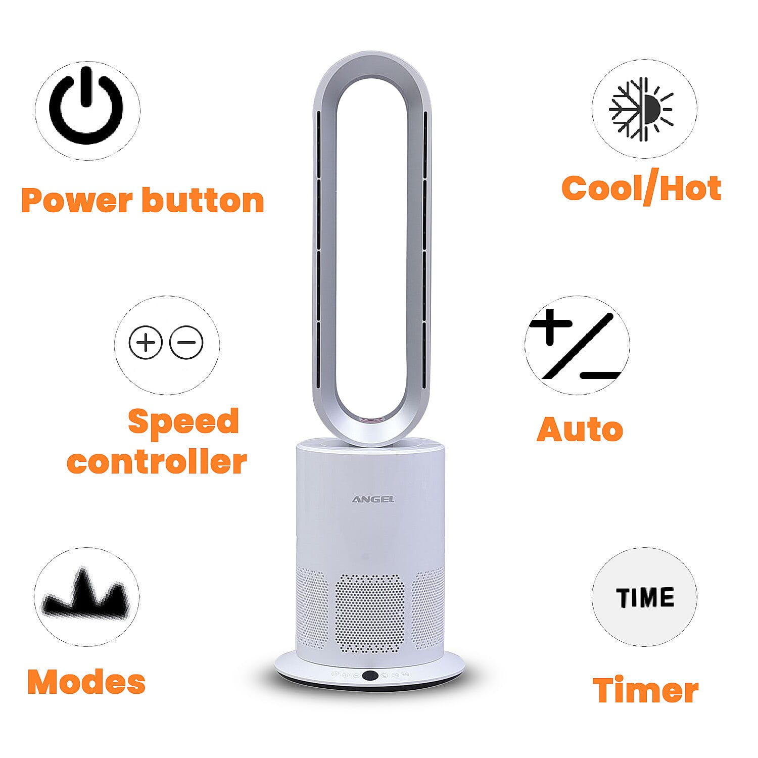 All Seasons 5 in 1 Electric Bladeless Heater-Fan with Remote Control, Air Purifier, Ionizer with HEPA Filter (86Cm) - White & Silver