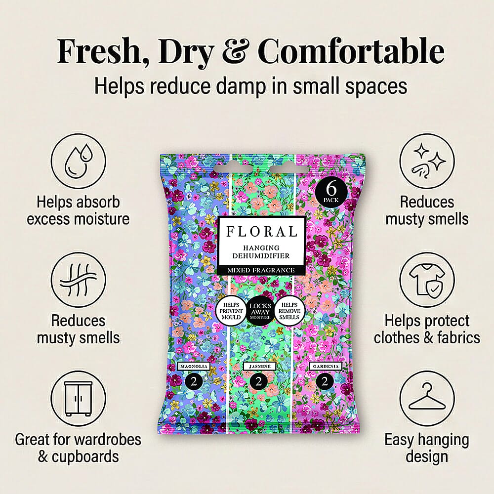 6-Pack Floral Hanging Dehumidifiers - 2 x Magnolia, 2 x Jasmine, 2 x Gardenia