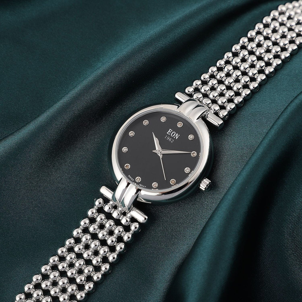 EON 1962 Swiss Movement 12 Champagne Studded 5 ATM Water Resistant Watch in Silver Tone