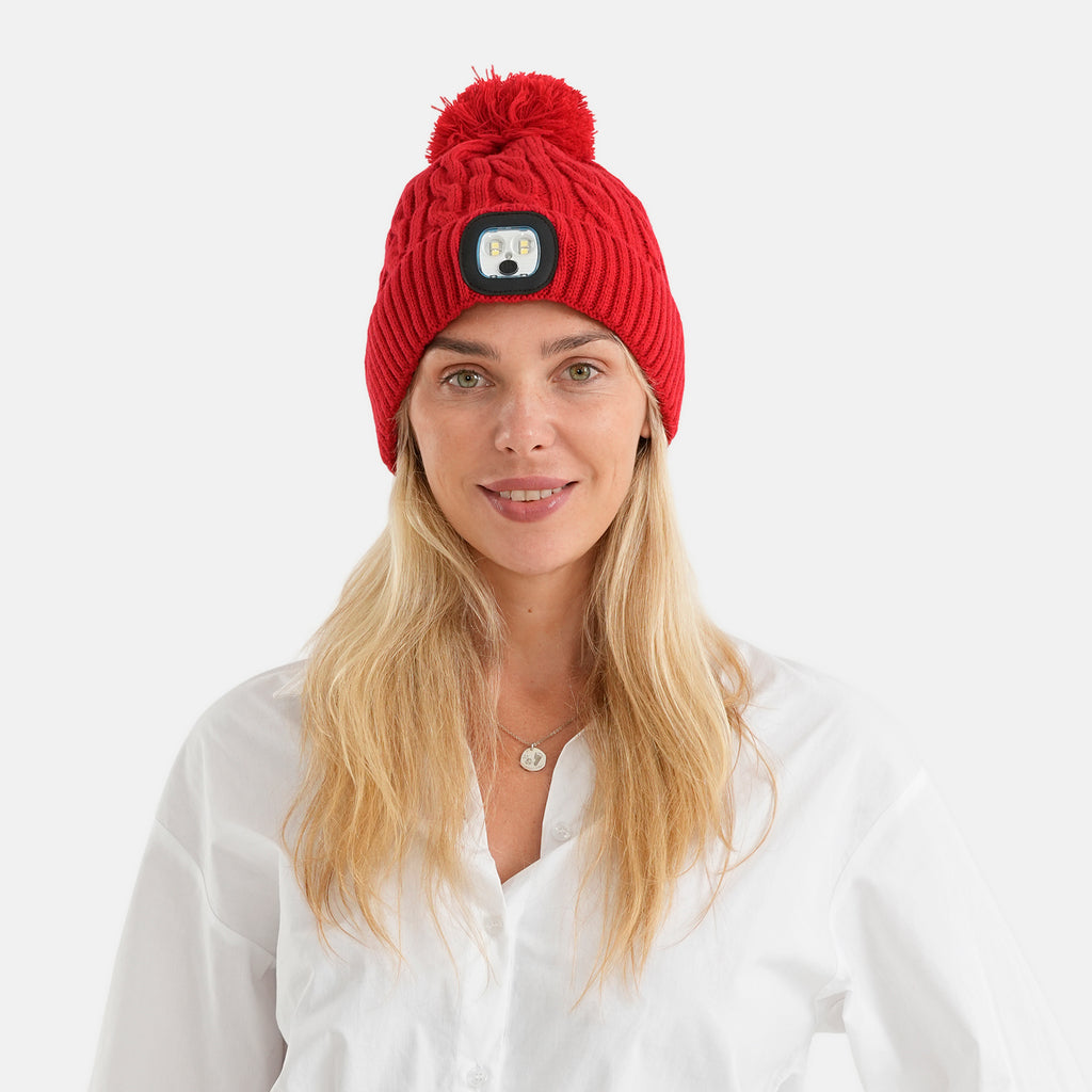 USB Rechargeable Waterproof LED Lighted Beanie Cap with Sherpa Lining and Faux Fur Bauble (Size 26x20 Cm) - Red_6126655
