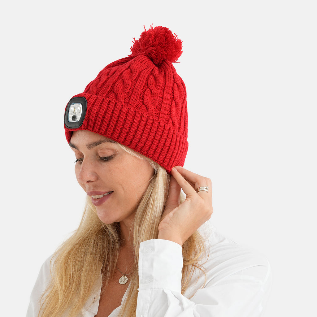 USB Rechargeable Waterproof LED Lighted Beanie Cap with Sherpa Lining and Faux Fur Bauble (Size 26x20 Cm) - Red_6126655_1