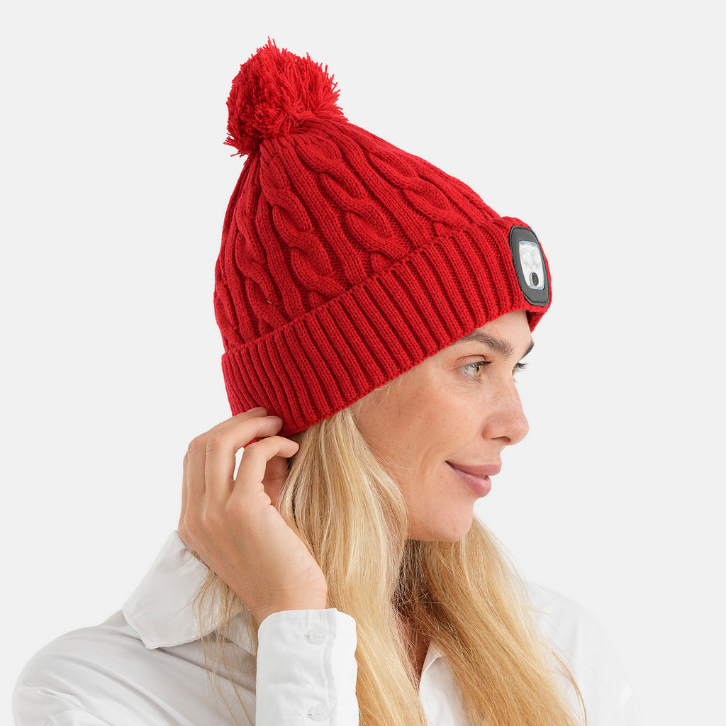 USB Rechargeable Waterproof LED Lighted Beanie Cap with Sherpa Lining and Faux Fur Bauble (Size 26x20 Cm) - Red_6126655_2