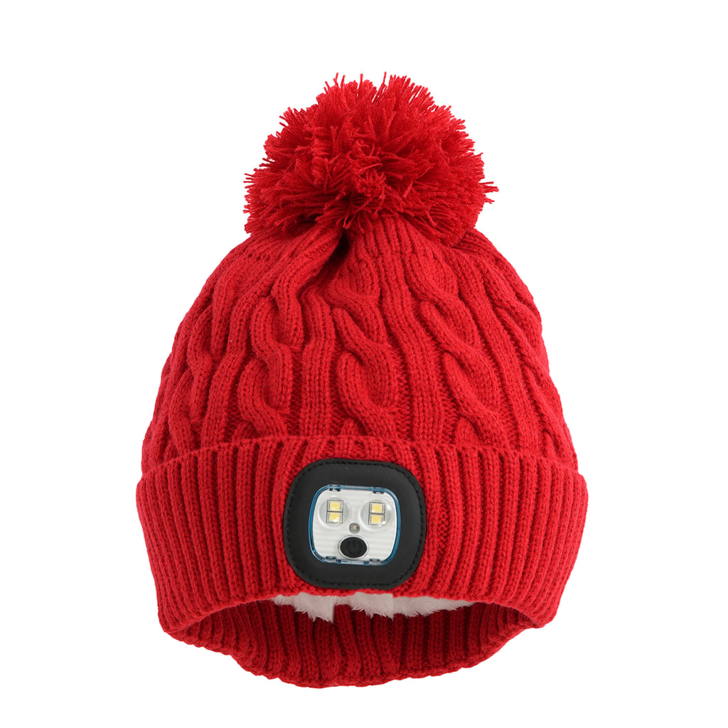USB Rechargeable Waterproof LED Lighted Beanie Cap with Sherpa Lining and Faux Fur Bauble (Size 26x20 Cm) - Red_6126655_3