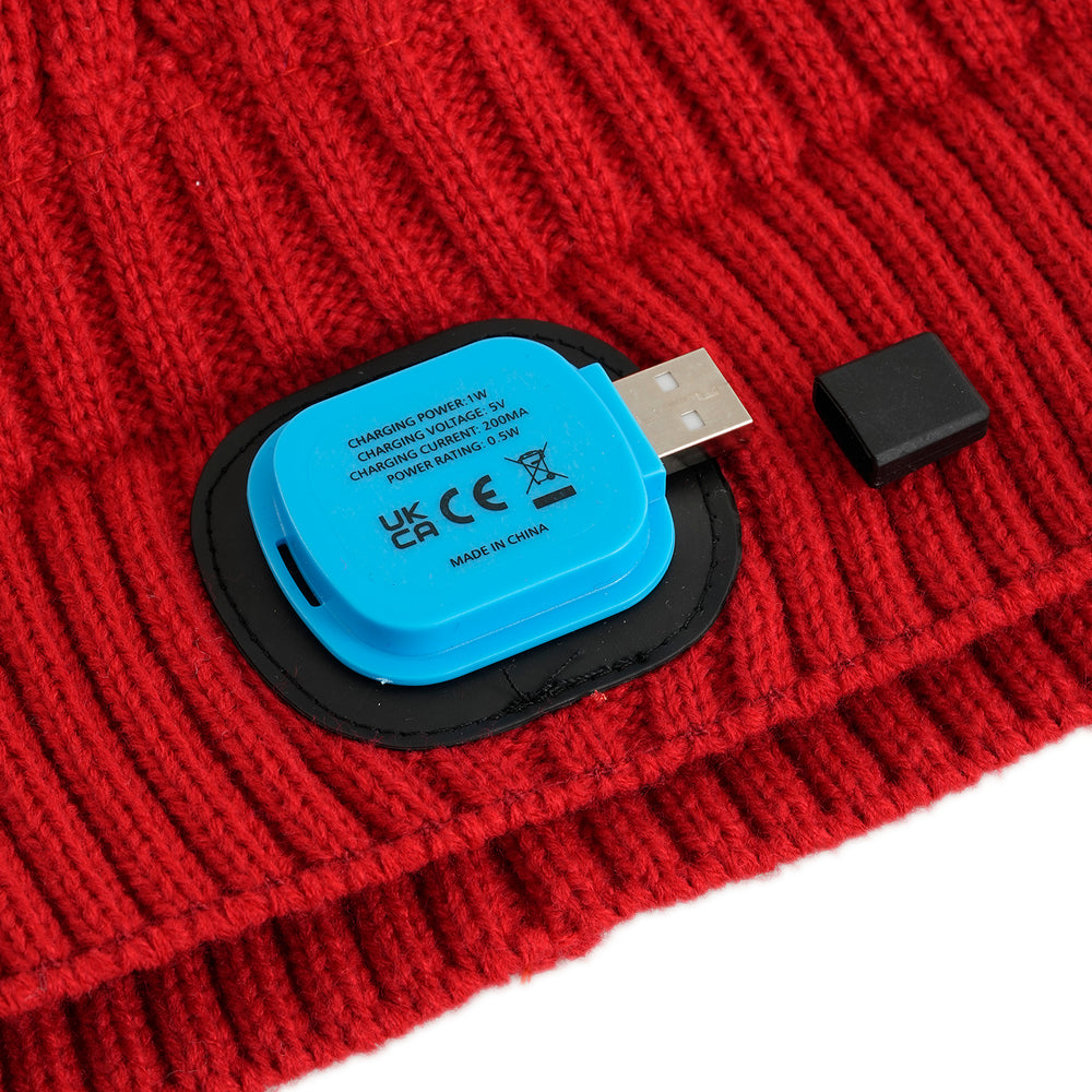 USB Rechargeable Waterproof LED Lighted Beanie Cap with Sherpa Lining and Faux Fur Bauble (Size 26x20 Cm) - Red_6126655_5